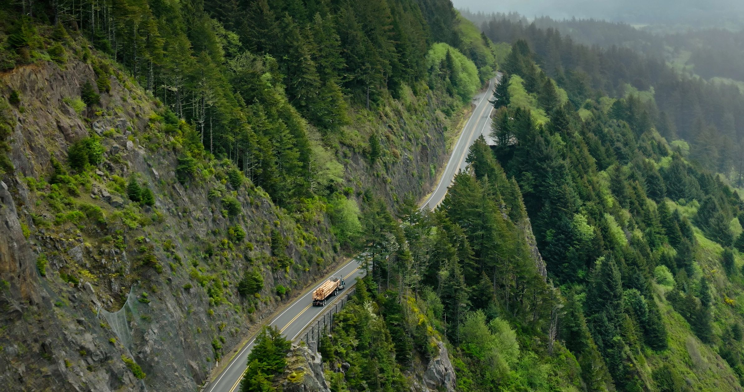 Winding road through a calm coastal landscape